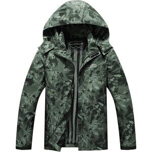 Mens Army Green Lightweight Waterproof Hooded Rain Jacket Outdoor Hiking Shell